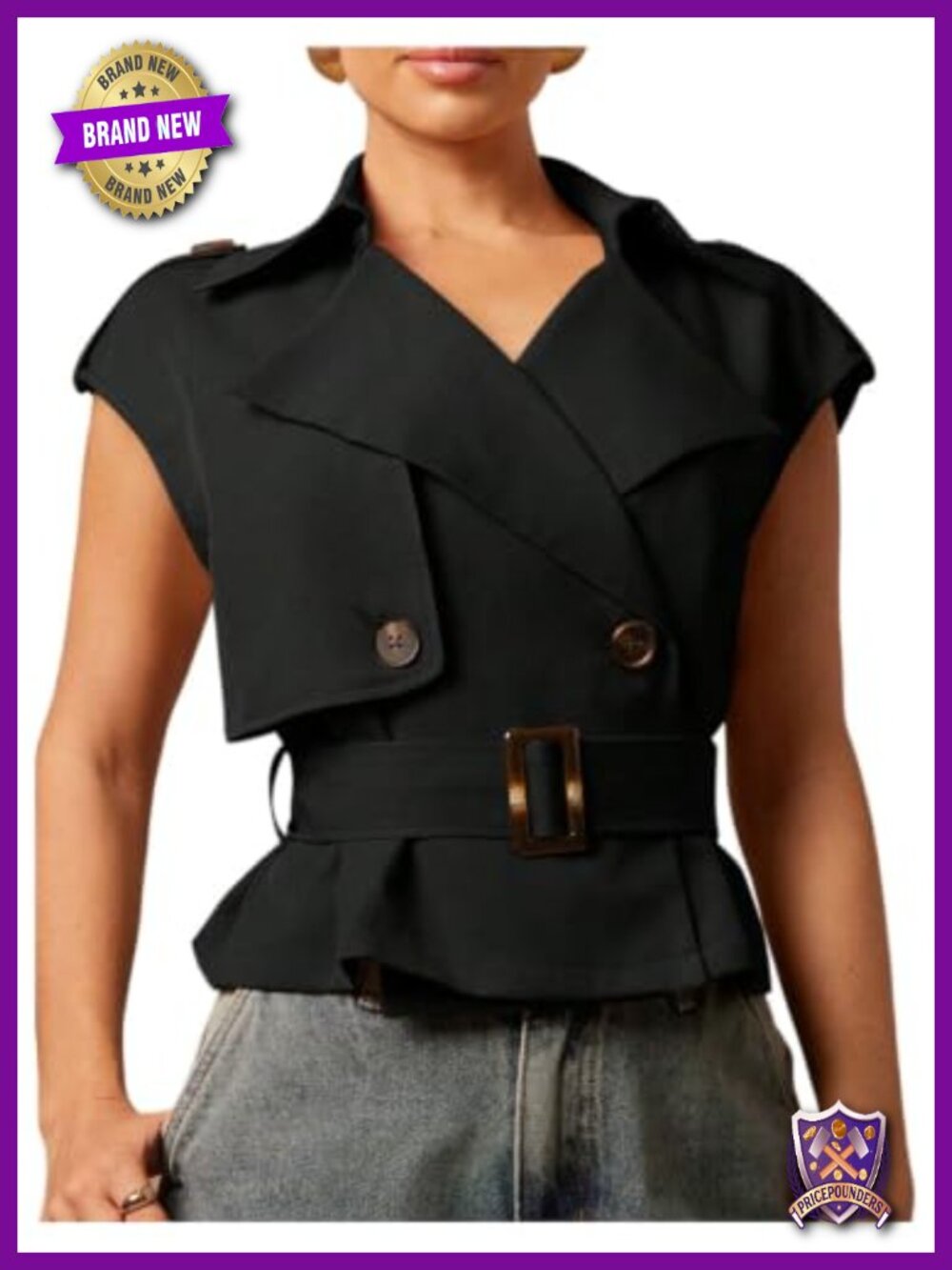 Belted Trench Vest Coat Lapel Collar Sleeveless Office Jacket